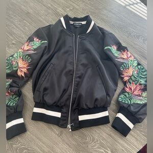 bebe Black Bomber Jacket with Floral Embroidery